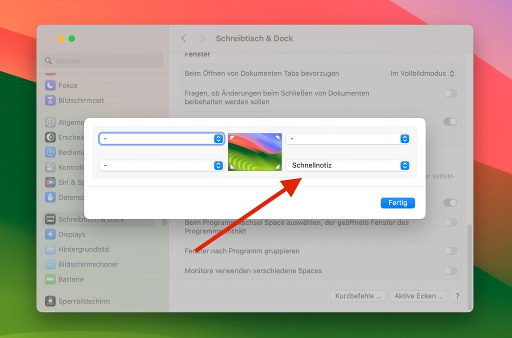 macOS Aktive Ecken Einstellungen Die Detailansicht der 'Aktiven Ecken' in den macOS Systemeinstellungen.