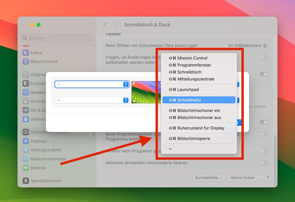 Optionen für Aktive Ecken Die verfügbaren Optionen für die 'Aktiven Ecken' in macOS.