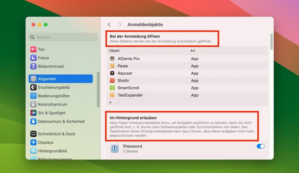 Anmeldeobjekte in den macOS Systemeinstellungen