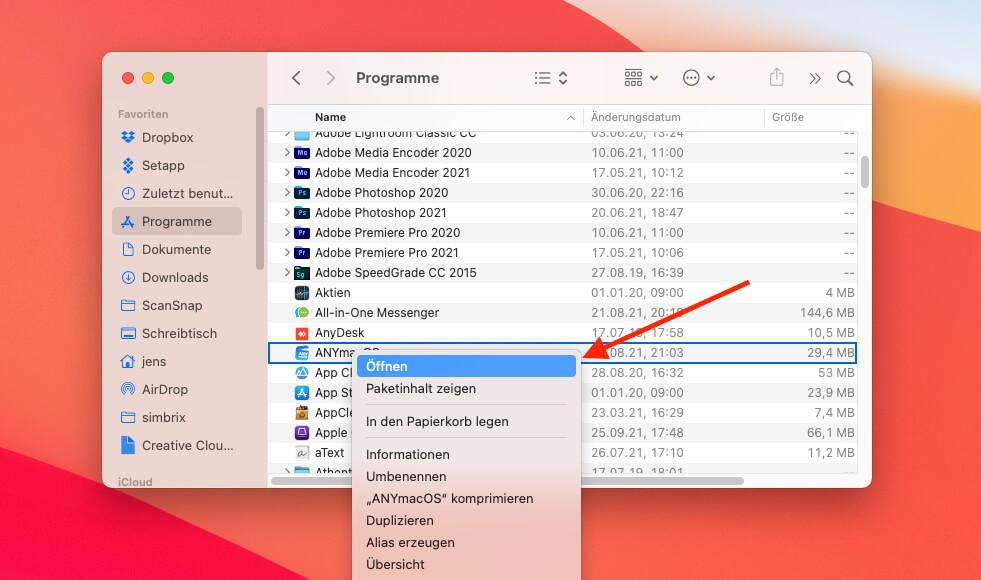 ANYmacOS über das Kontextmenü öffnen, um Gatekeeper zu umgehen