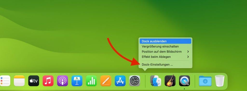 Dock-Einstellungen Dock-Einstellungen über Rechtsklick auf den Trennstrich.
