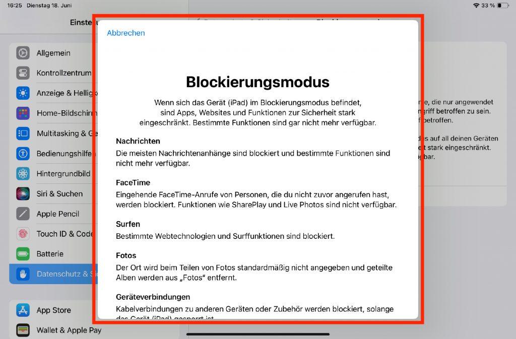 Einschränkungen durch den Blockierungsmodus