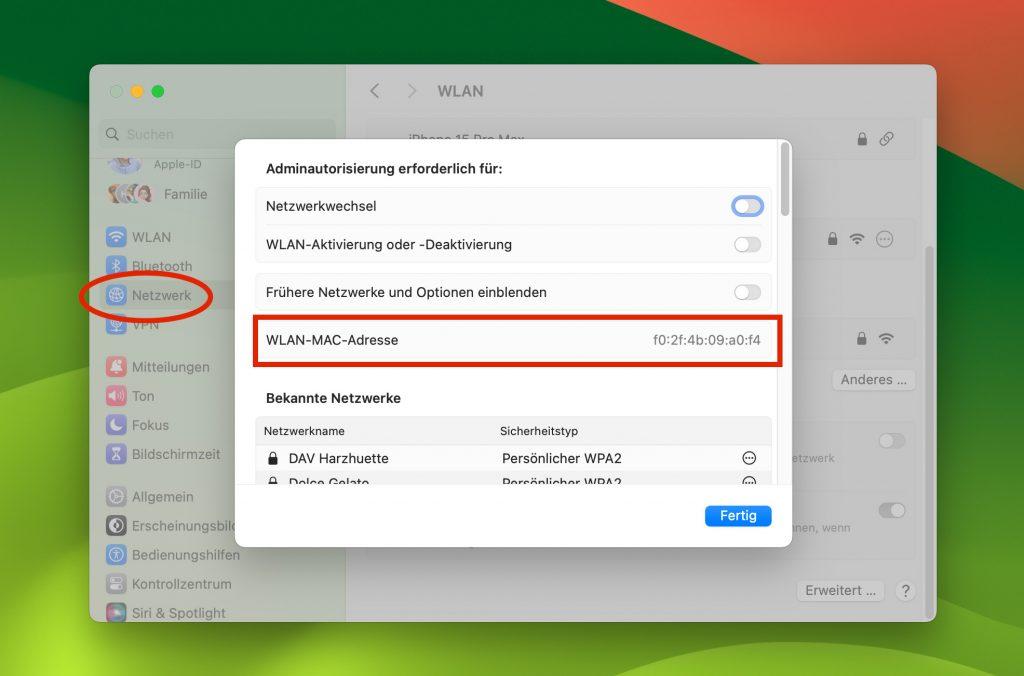MAC-Adresse über Systemeinstellungen → Netzwerk herausfinden.