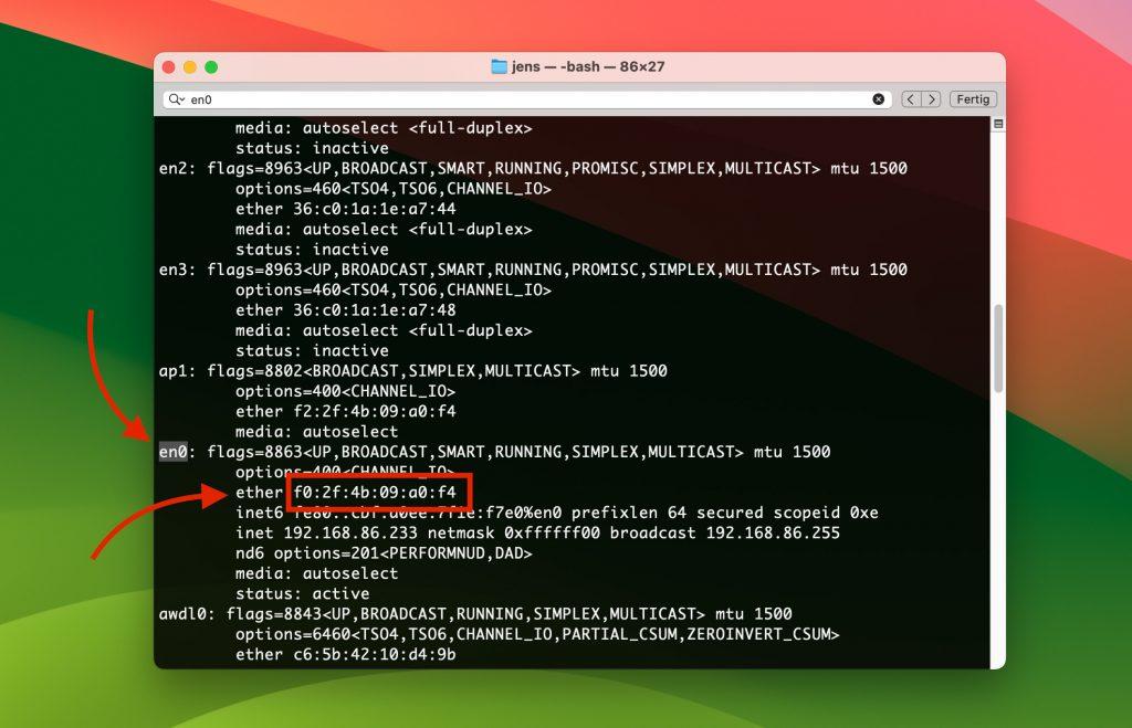 So findet man die MAC-Adresse über das Terminal.