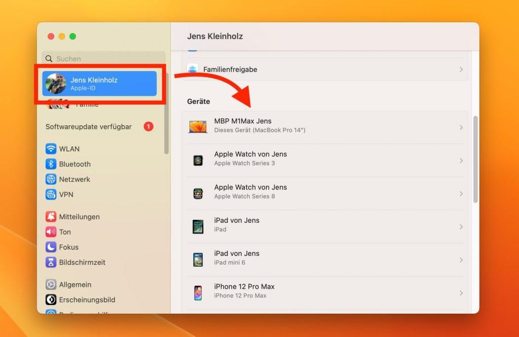 Mac Systemeinstellungen - Apple-ID Geräte-Übersicht
