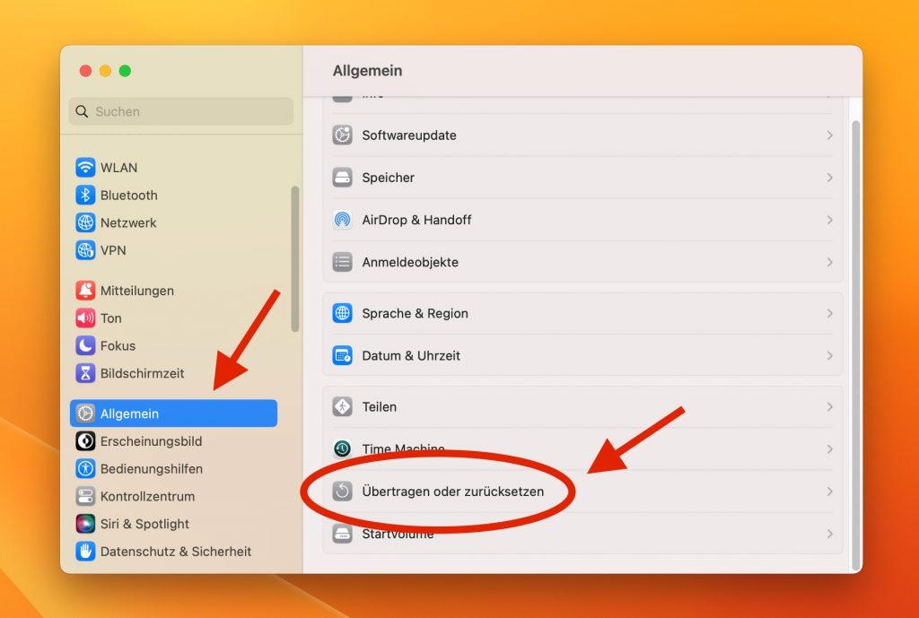 Systemeinstellungen: Übertragen oder zurücksetzen Systemeinstellungen mit der Option 'Übertragen oder zurücksetzen'.