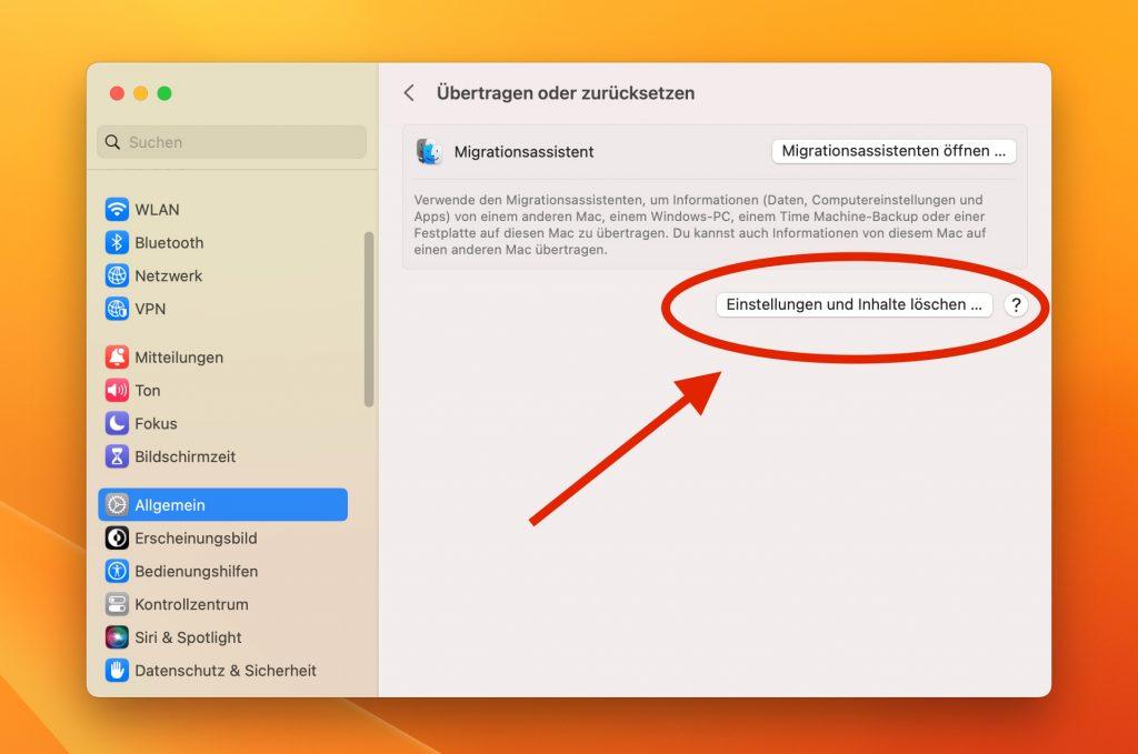 Systemeinstellungen: Inhalte löschen Systemeinstellungen mit der Option 'Einstellungen und Inhalte löschen'.