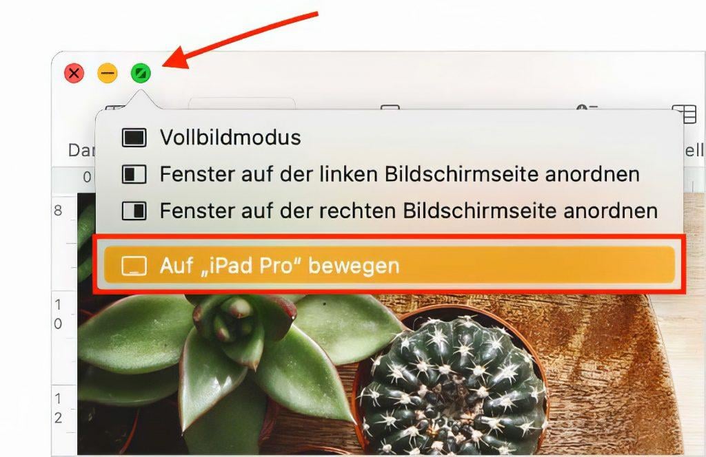 Über den grünen Button am Mac-Fenster kann man jedes Fenster auf das iPad schicken (Grafik: Apple).