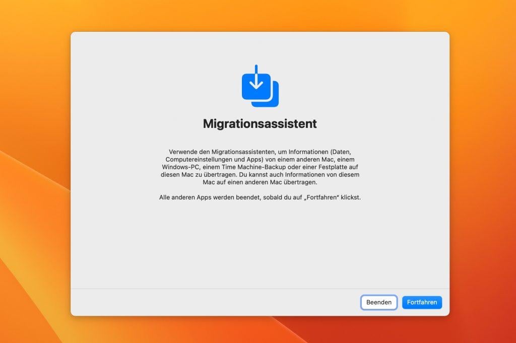 Migrationsassistent Startbildschirm für Mac-Setup