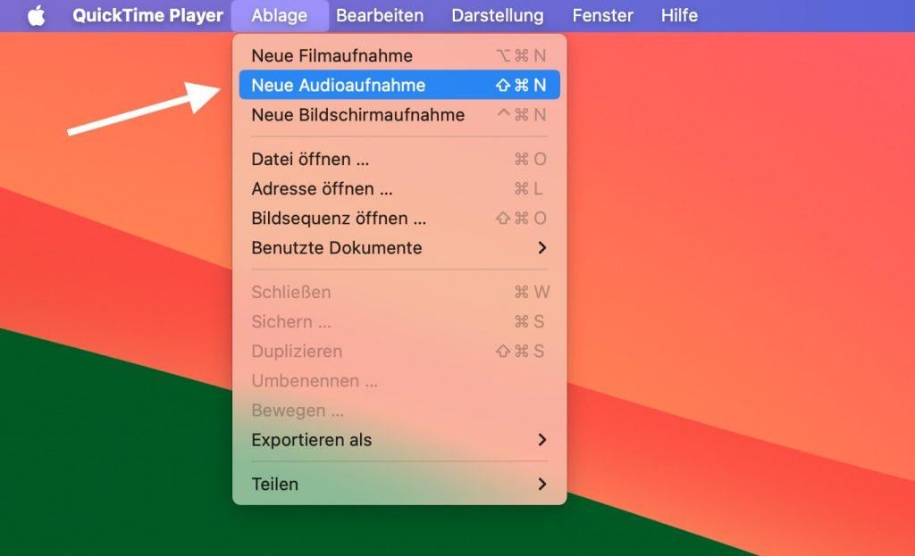 Menü von QuickTime Player mit der Auswahl Neue Audioaufnahme