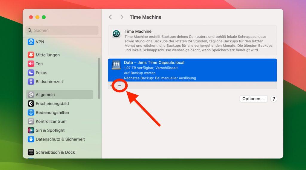 Altes Time Machine Volume entfernen.