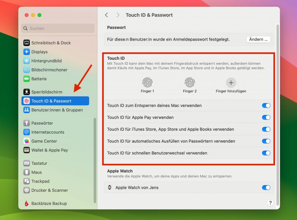 Touch ID Einstellungen Die Touch ID Einstellungen in den macOS Systemeinstellungen.