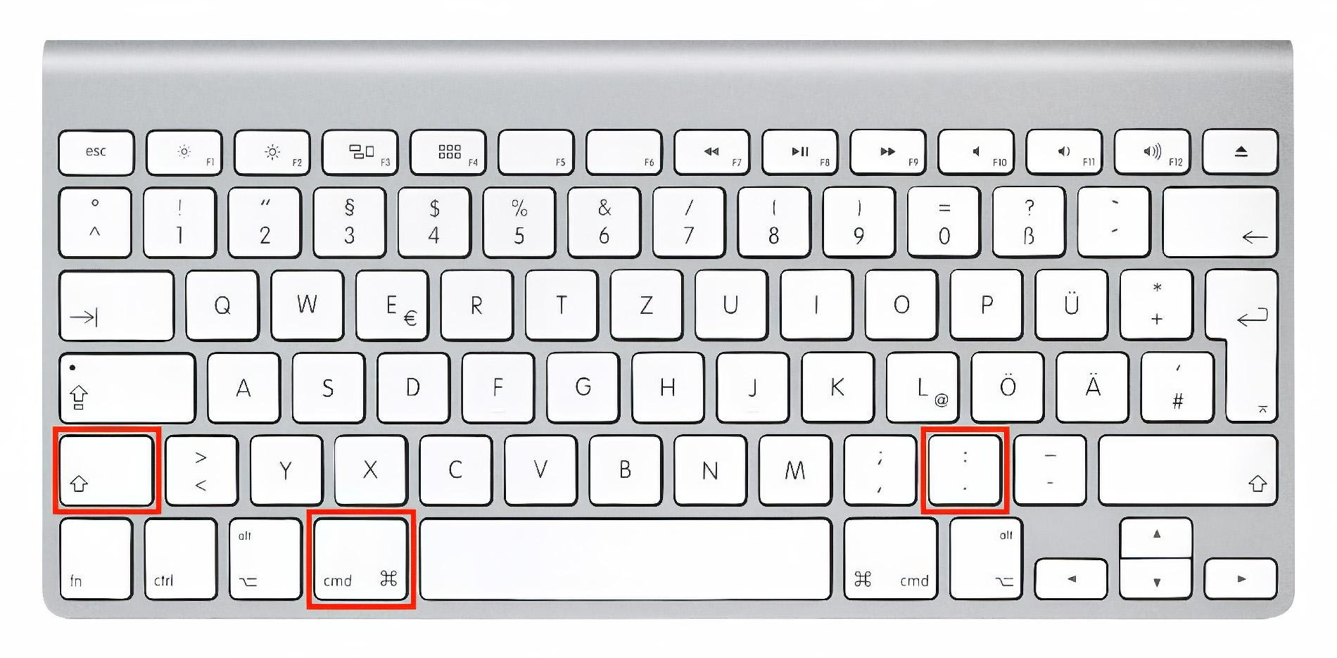 Mac-Tastatur mit markierten Tasten Shift, Command und Punkt