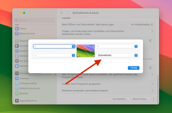 Die Detailansicht der 'Aktiven Ecken' in den macOS Systemeinstellungen.
