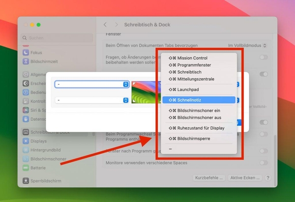 Die verfügbaren Optionen für die 'Aktiven Ecken' in macOS.