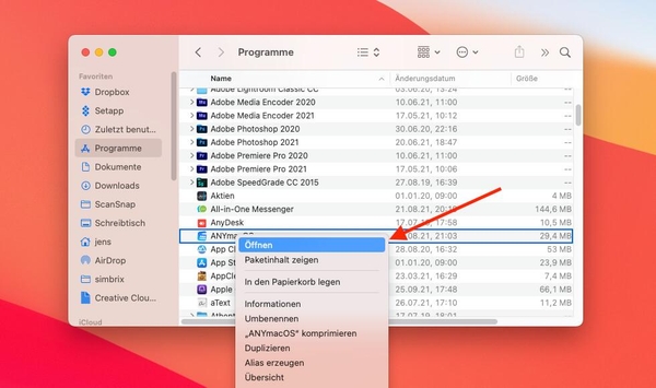 ANYmacOS über das Kontextmenü öffnen, um Gatekeeper zu umgehen