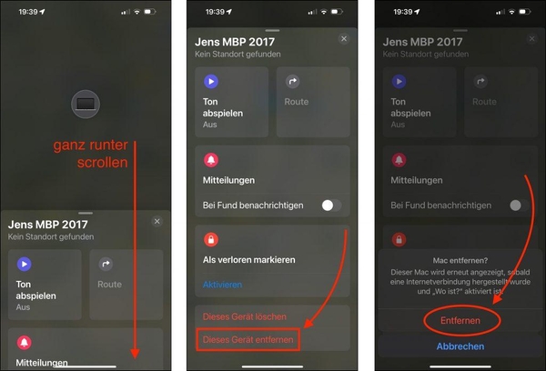 Die Schritte 4 bis 6, um einen Mac mit der &quot;Wo ist?&quot;-App aus der iCloud-Geräteliste zu entfernen.