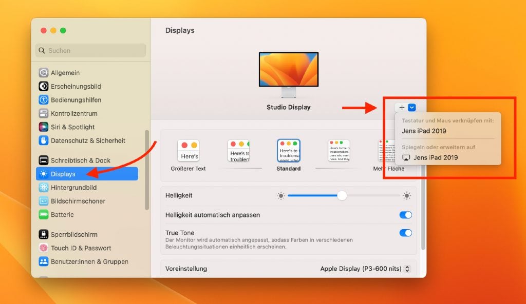 Unter Systemeinstellungen → Displays kann man ein iPad auch als Zweitmonitor auswählen oder das Mac-Bild darauf spiegeln.