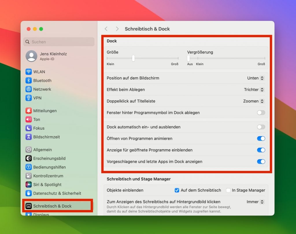Hier sieht man die Dock-Einstellungen, die man über die Systemeinstellungen erreicht.