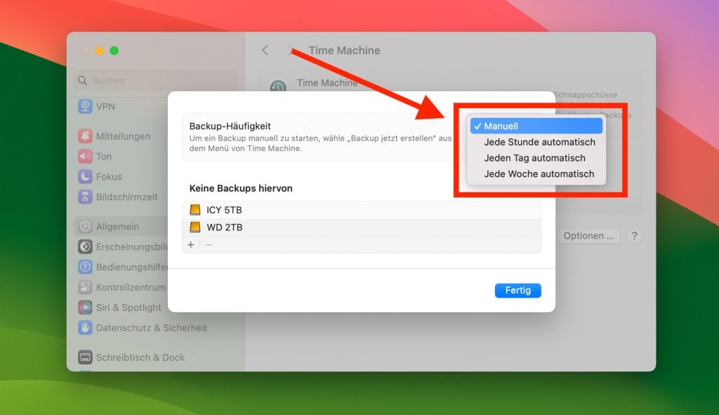Um das Time Machine Backup zu stoppen, stellt man es in den Optionen auf "Manuell".