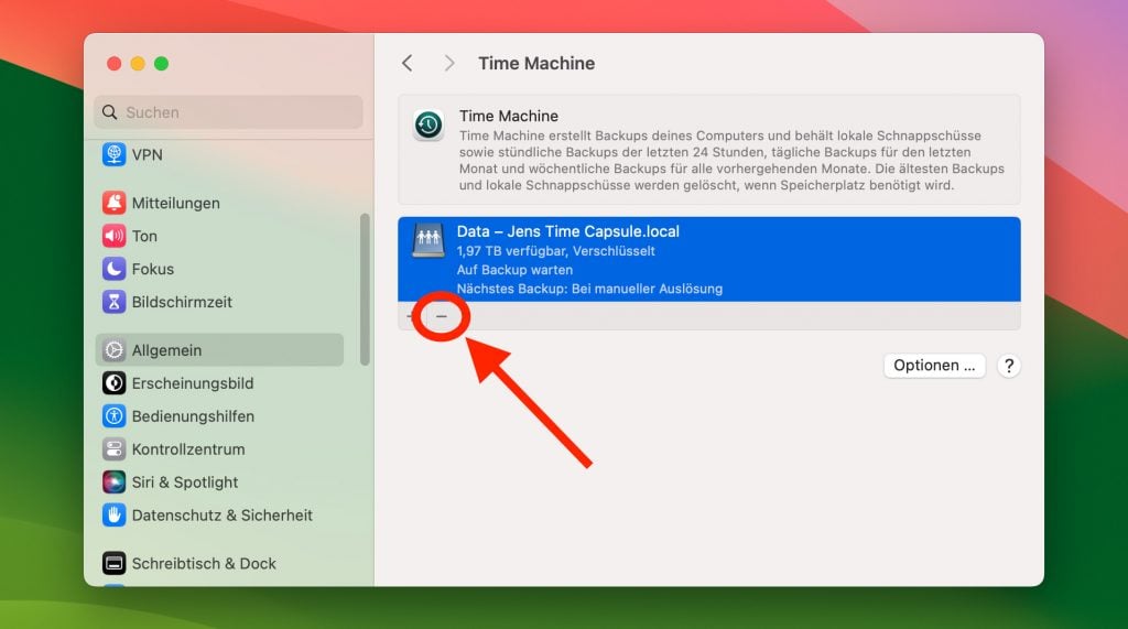Über das Minus-Zeichen kann man die alte Time-Machine-Volume aus der Liste entfernen.