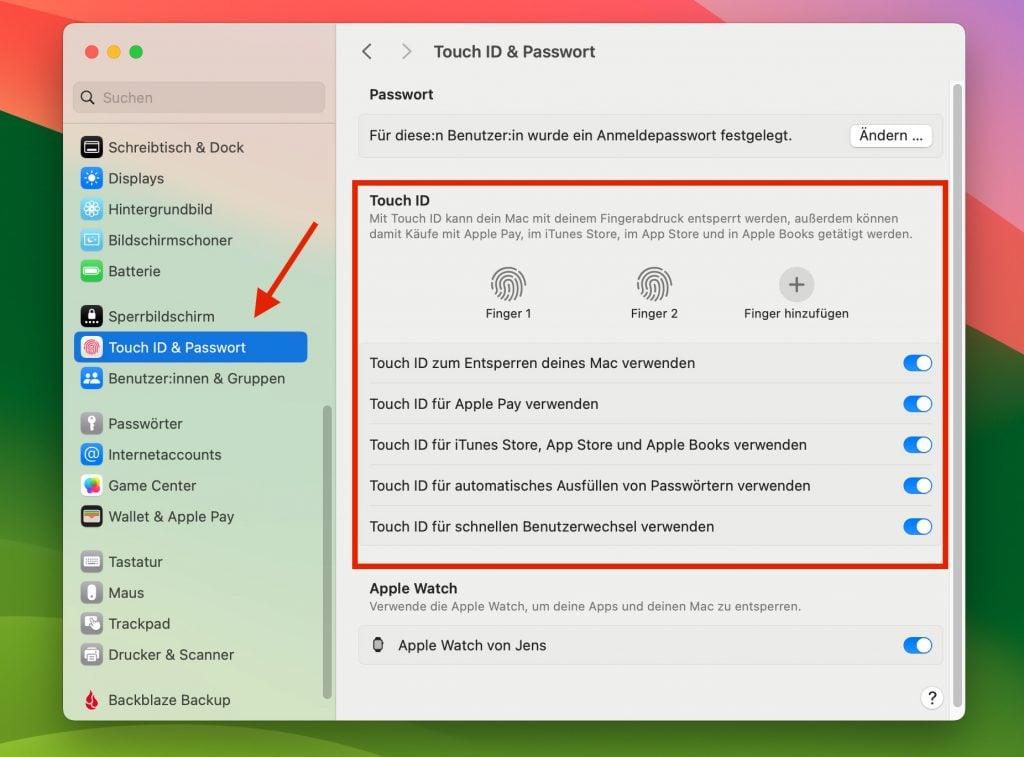 Die Touch ID Einstellungen findet ihr unter Systemeinstellungen → Touch ID & Passwort.