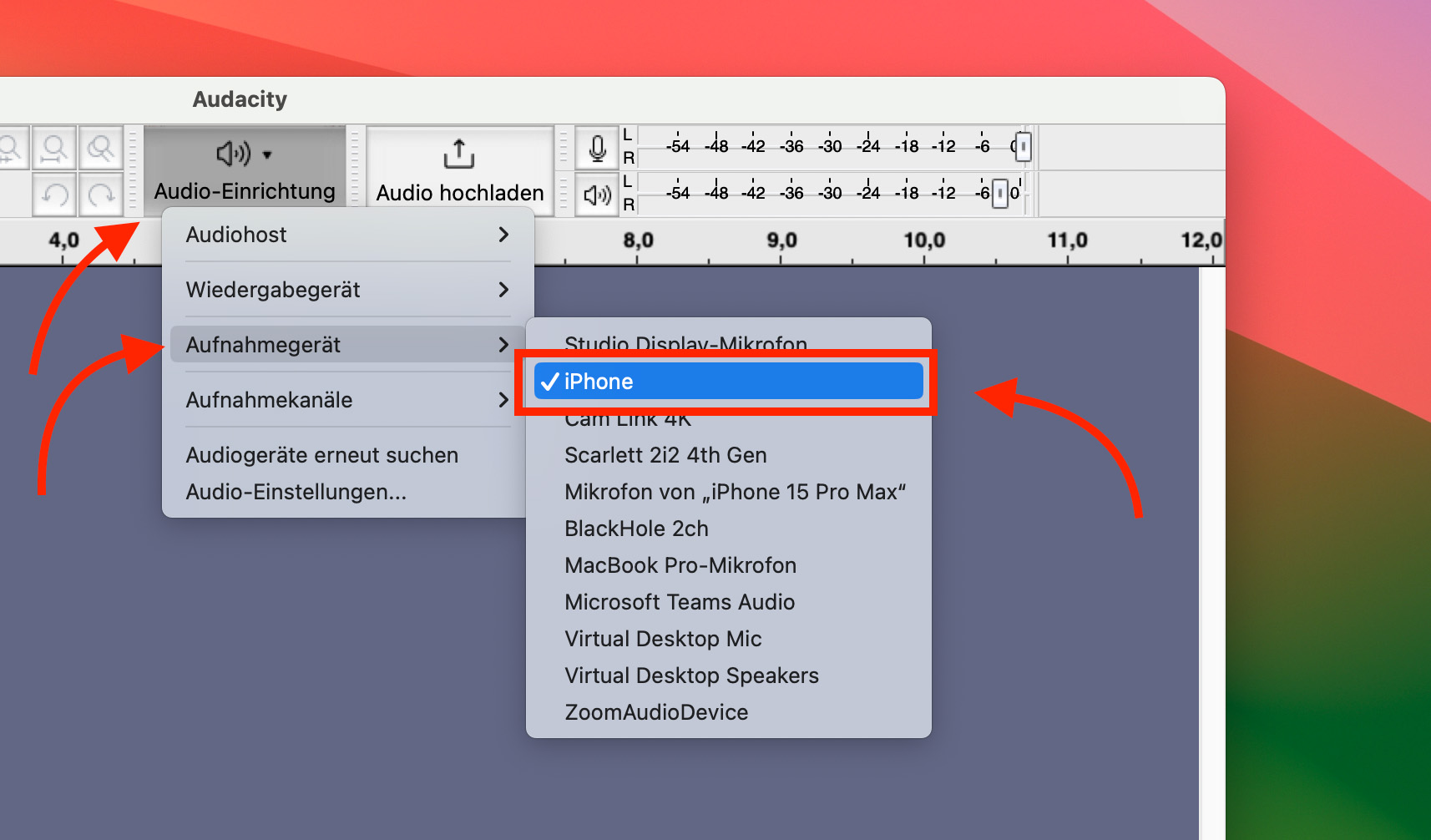 Auswahl des iPhone als Aufnahmegerät in Audacity