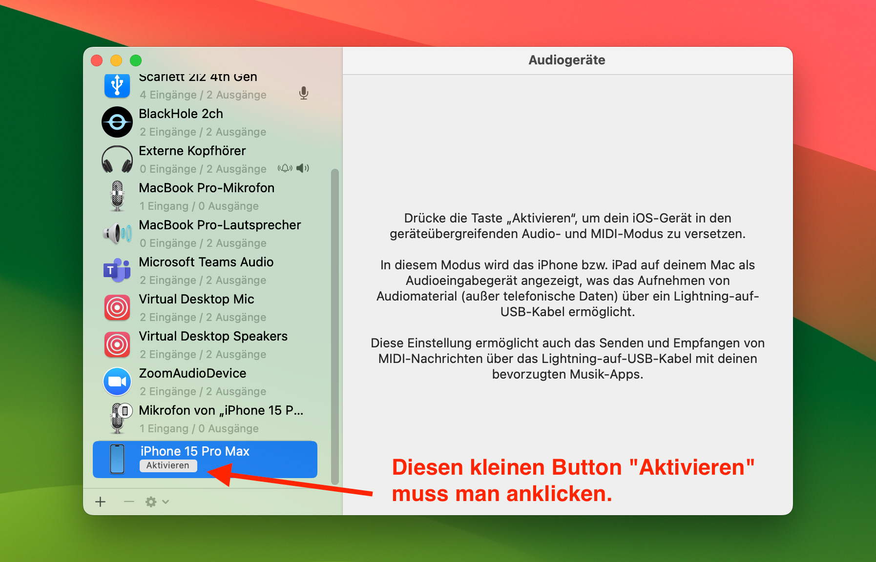 Aktivieren Button in Audio-Midi-Setup