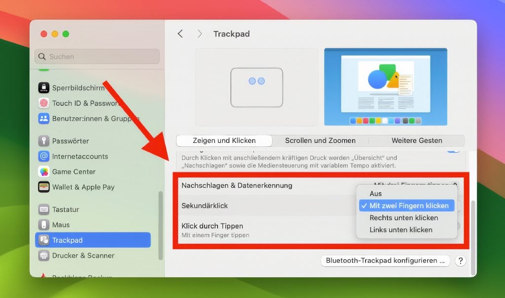 Einstellungsmöglichkeiten für das Trackpad unter macOS