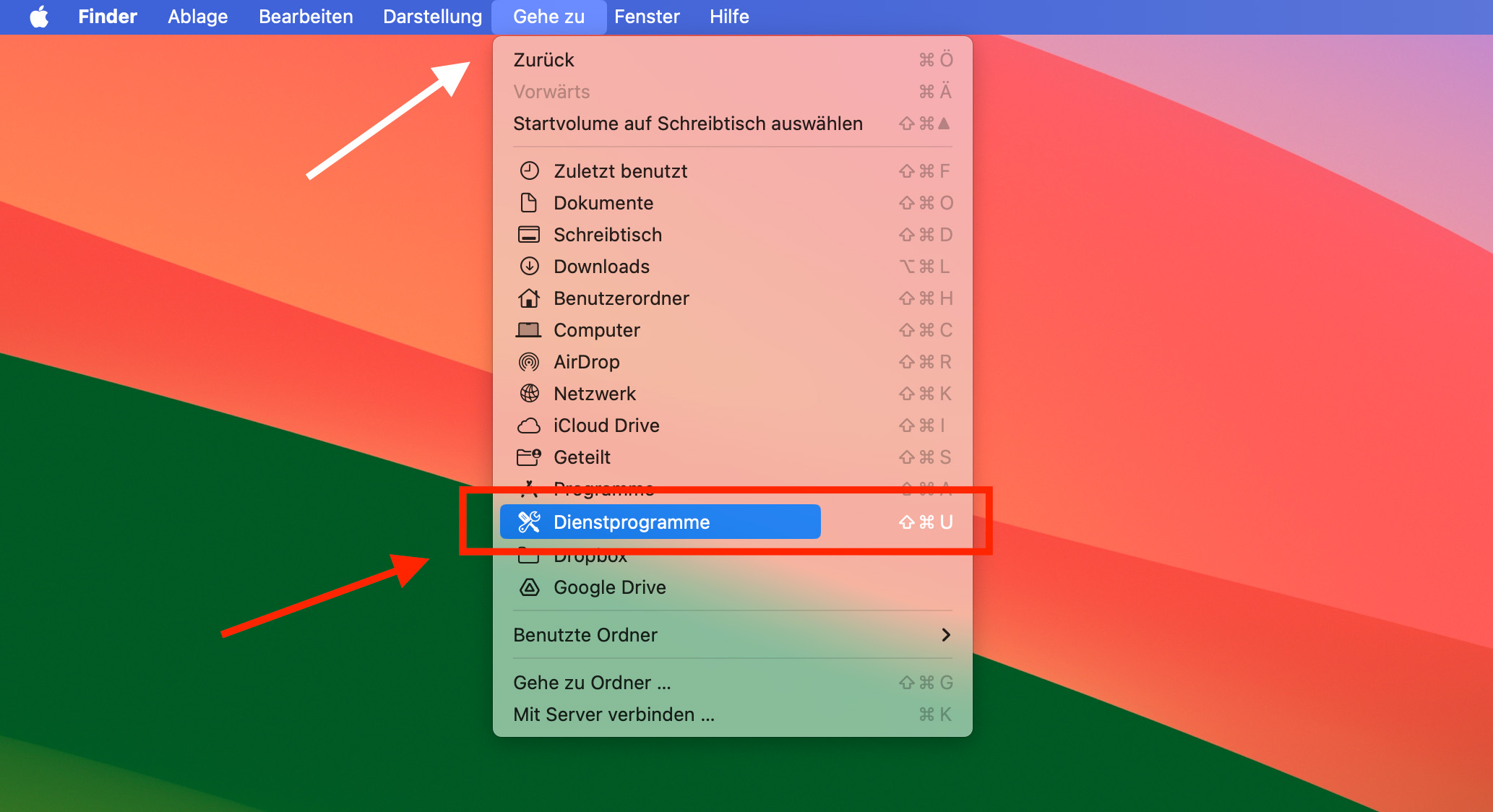 Über das Gehe-zu-Menü im Finder kommt man zu den Dienstprogrammen.