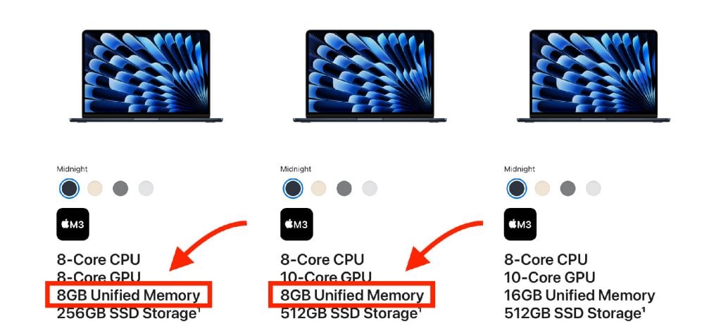 Screenshot von der Apple Webseite mit MacBook Air Modellen, die im Basismodell mit 8GB RAM ausgestattet sind.