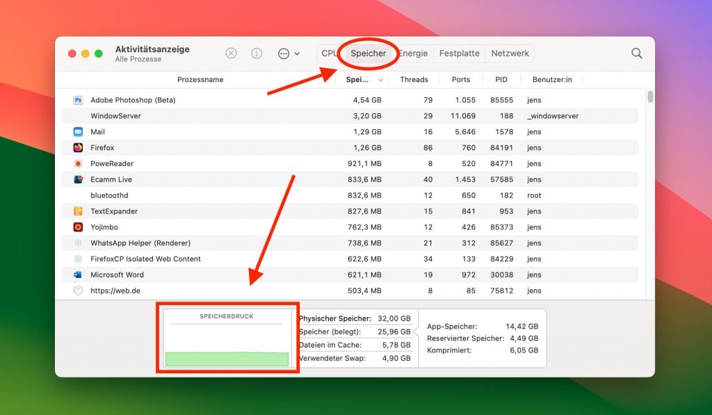 Screenshot der Aktivitätsanzeige am Mac mit einem Pfeil zu Bereich Speicherdruck, der hier grün ist.