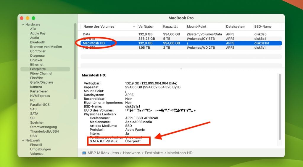 SMART-Status einer SSD im Systemprofiler von macOS