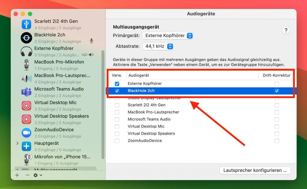 Auswahl der beiden Geräte in Audio-Midi-Setup