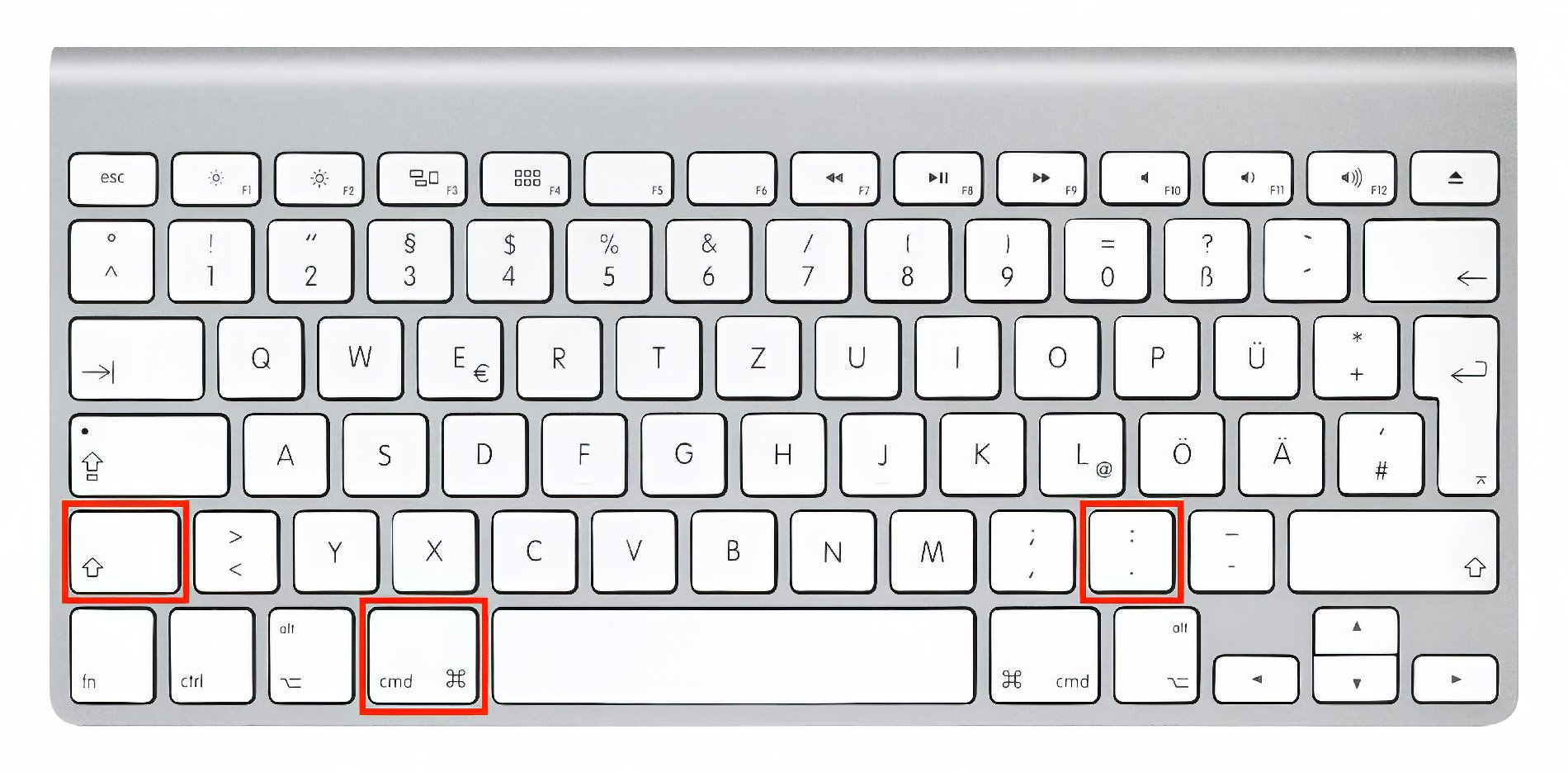 Mac-Tastatur mit markierten Tasten Shift, Command und Punkt